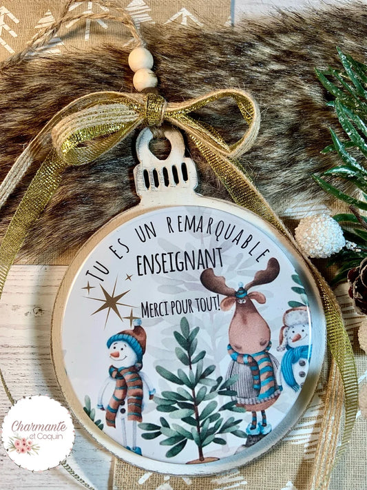 Boule de Noël en bois personnalisée de style rustique chic, cadeau pour enseignant