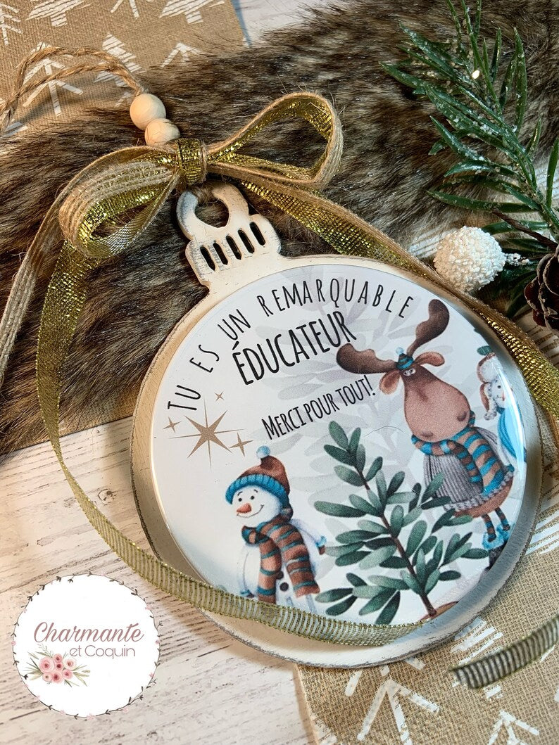 Boule de Noël en bois personnalisée de style rustique chic, cadeau pour éducateur