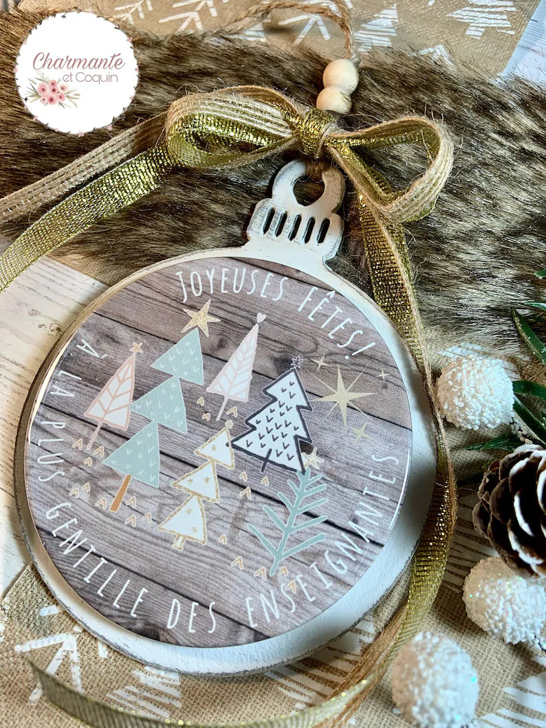 Boule de Noël en bois personnalisée de style rustique chic, cadeau pour enseignante