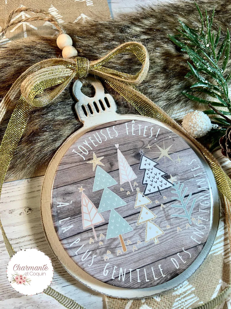Boule de Noël en bois personnalisée de style rustique chic, cadeau pour enseignante