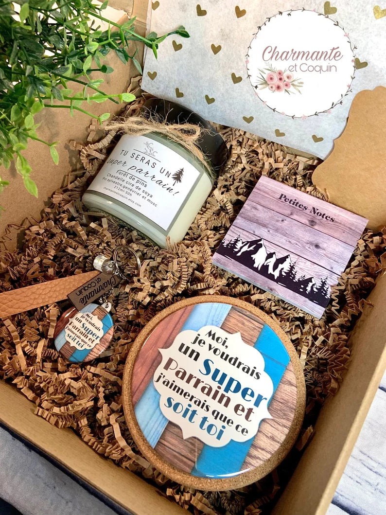 Charmante boîte cadeaux personnalisée cadeau pour une demande parrain.