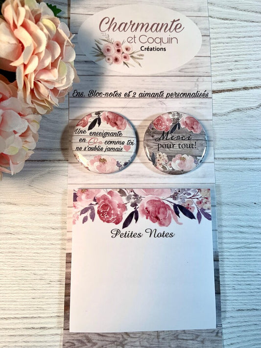 Ens. Bloc -notes avec feuilles autocollantes ( style post it) avec 2 aimants personnalisés pour enseignante, cadeau enseignante