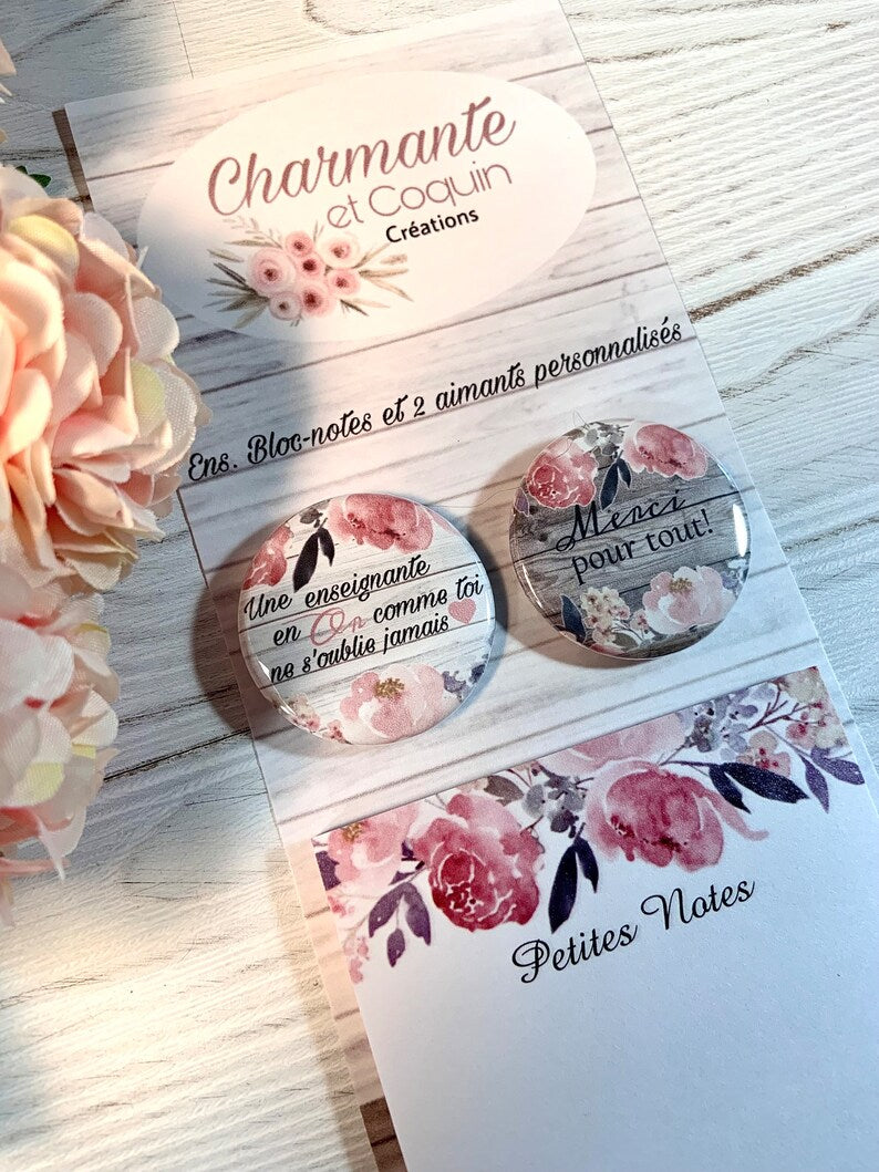 Ens. Bloc -notes avec feuilles autocollantes ( style post it) avec 2 aimants personnalisés pour enseignante, cadeau enseignante