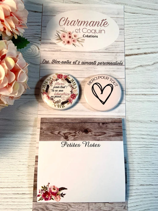 Ens. Bloc-notes avec feuilles autocollantes (style post it ) et 2 aimants personnalisés pour éducatrice, cadeau éducatrice