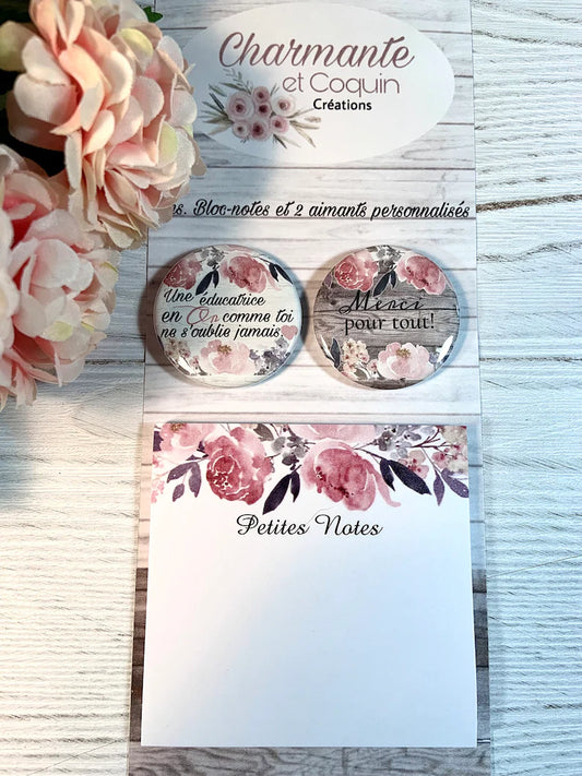Ens. Bloc-notes avec feuilles autocollantes (style post it ) et 2 aimants personnalisés pour éducatrice, cadeau éducatrice