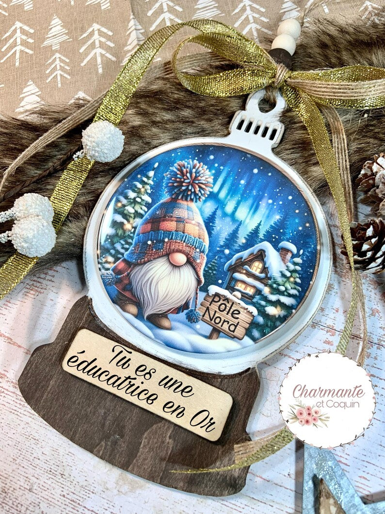 Ornement de Noël en bois personnalisé cadeau pour éducatrice ,enseignante ou avec votre citation personnalisée .Globe de Noël