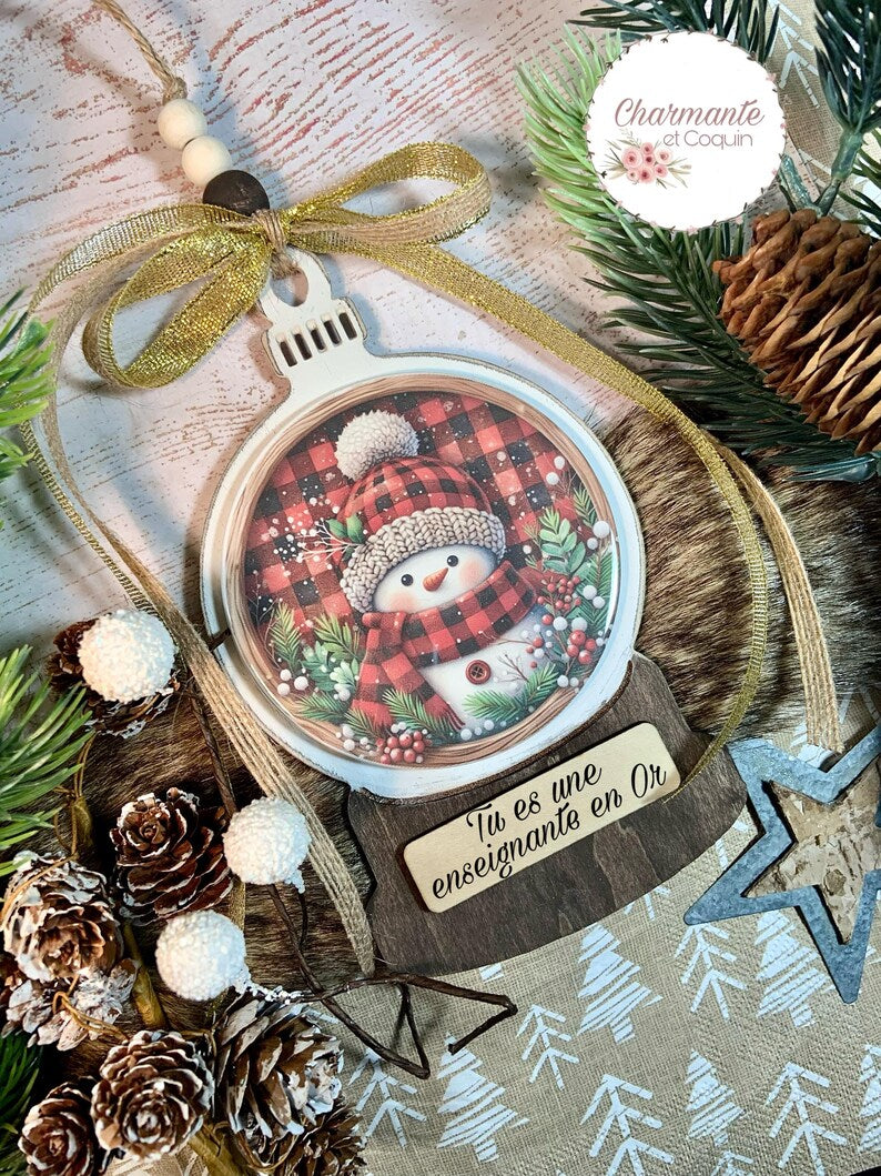 Ornement de Noël en bois personnalisé cadeau pour éducatrice ,enseignante ou avec votre citation personnalisée .Globe de Noël
