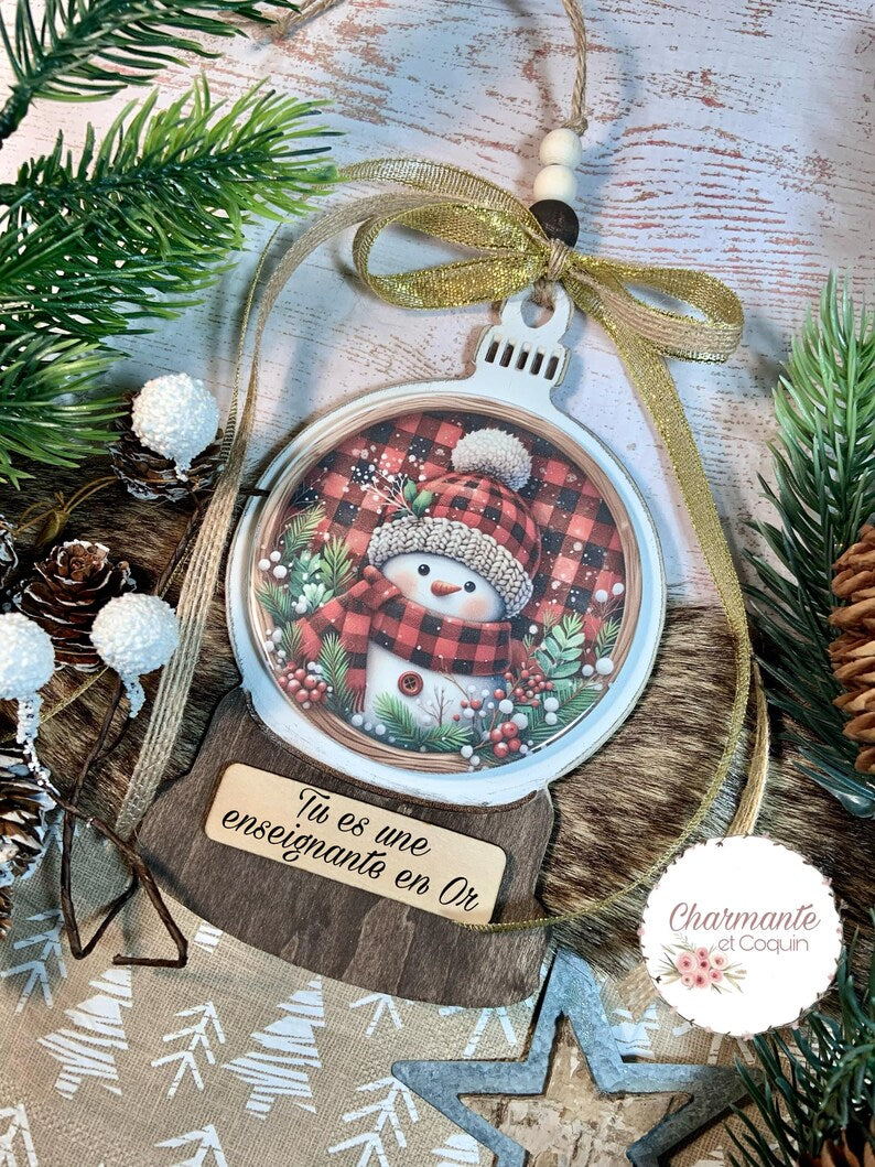 Ornement de Noël en bois personnalisé cadeau pour éducatrice ,enseignante ou avec votre citation personnalisée .Globe de Noël