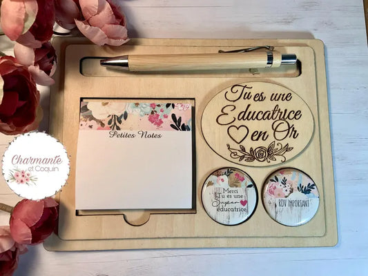 Ensemble porte crayon, bloc notes avec feuilles autocollantes et deux aimants.Petit organisateur de bureau.Cadeau pour éducatrice