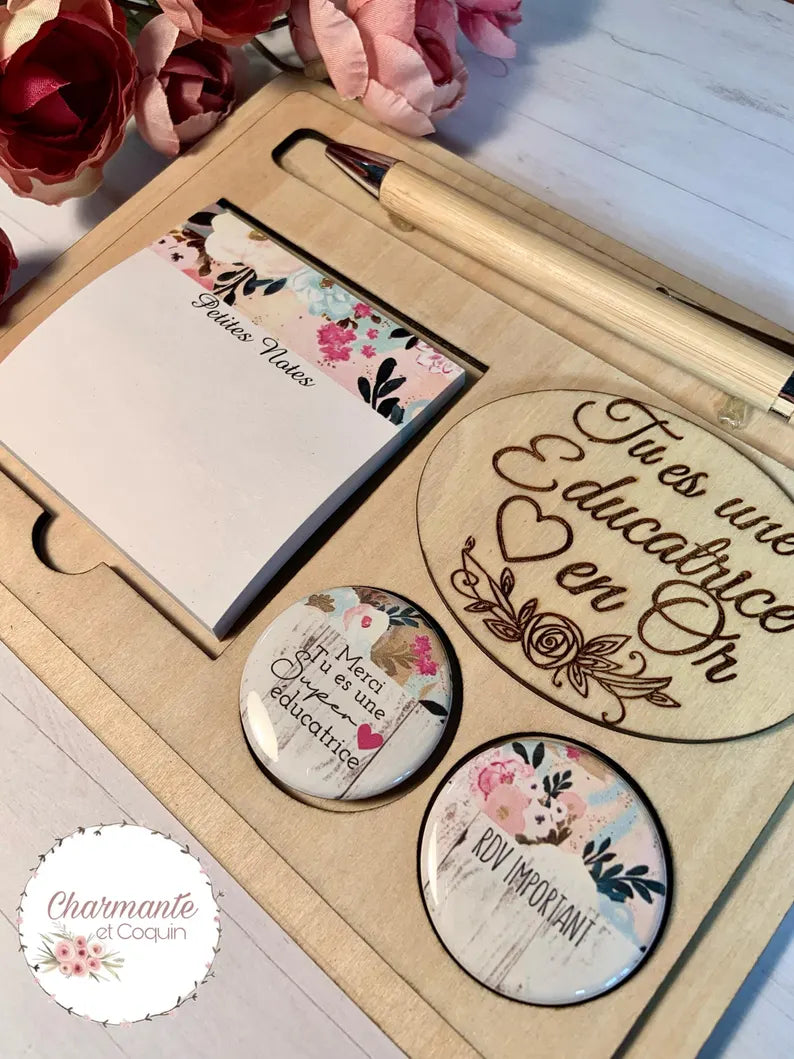 Ensemble porte crayon, bloc notes avec feuilles autocollantes et deux aimants.Petit organisateur de bureau.Cadeau pour éducatrice
