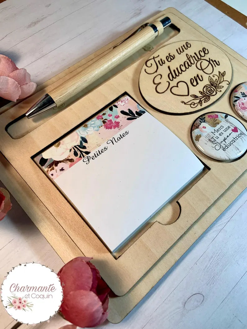 Ensemble porte crayon, bloc notes avec feuilles autocollantes et deux aimants.Petit organisateur de bureau.Cadeau pour éducatrice