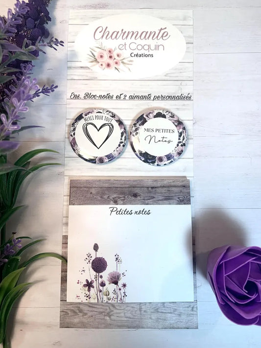 Ensemble bloc notes avec feuilles autocollantes (style post it) avec deux aimants personnalisés, cadeau remerciement