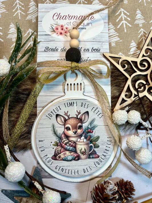 Boule de Noël en bois personnalisée de style rustique chic, cadeau pour éducatrice