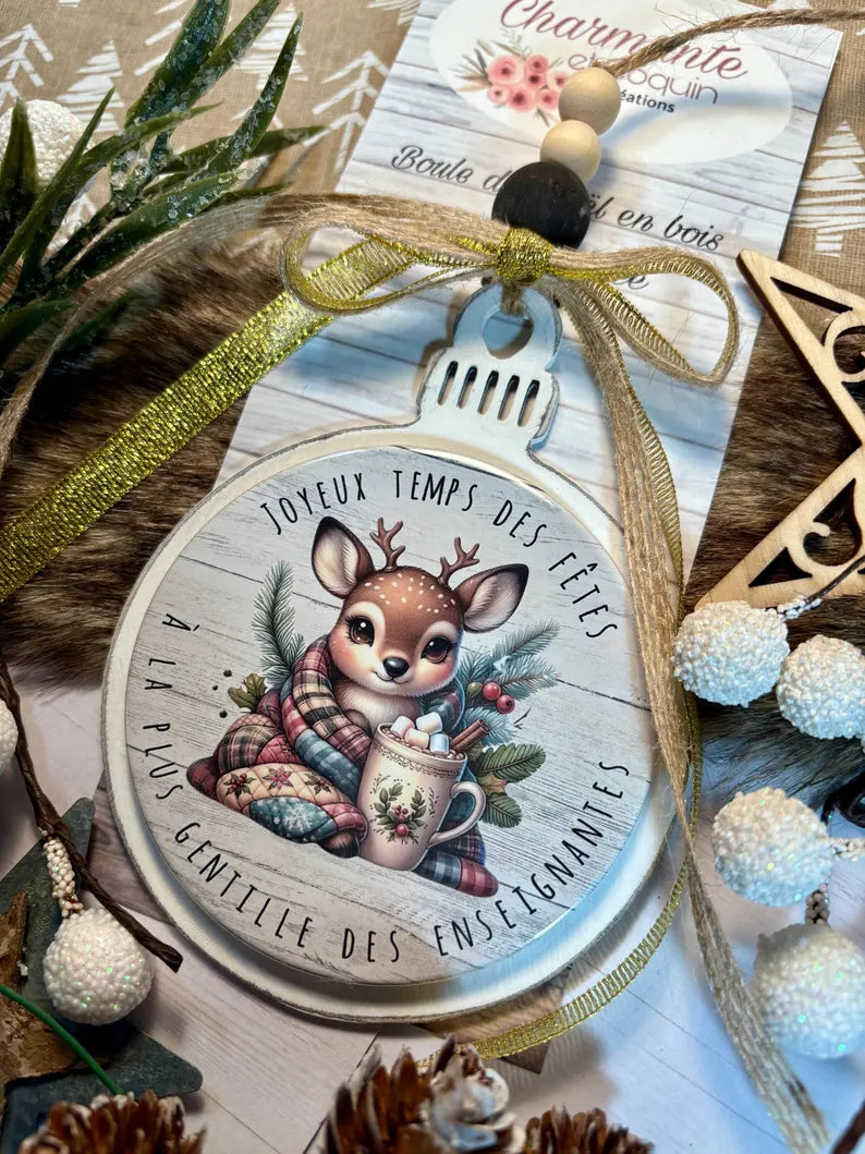 Boule de Noël en bois personnalisée de style rustique chic, cadeau pour enseignante