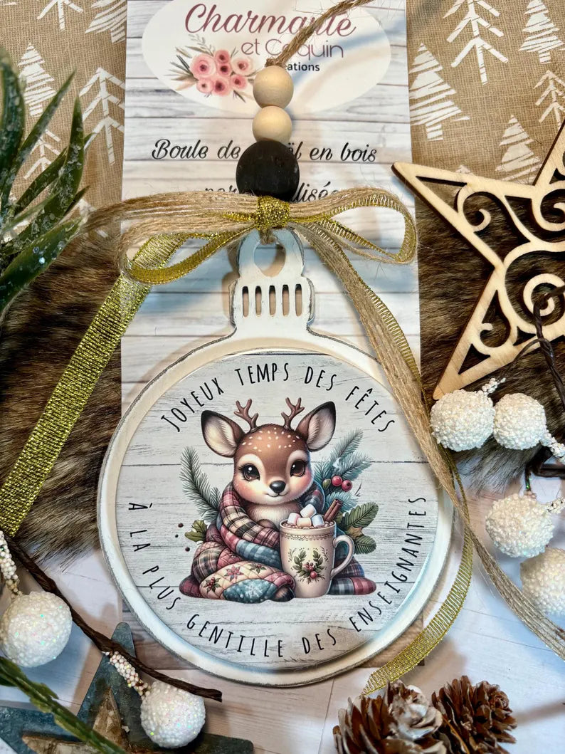 Boule de Noël en bois personnalisée de style rustique chic, cadeau pour enseignante