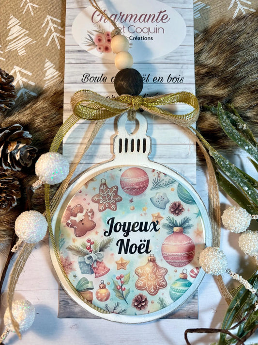Boule de Noël en bois personnalisé de style rustique chic avec charmant motif du temps des fêtes